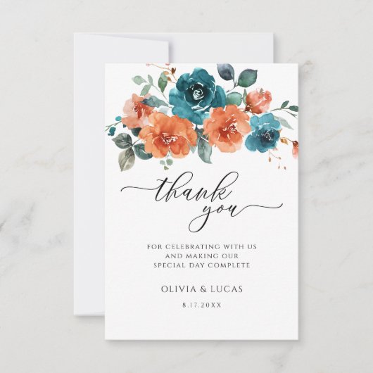 ティール(緑がかった色)燃えたオレンジ色の水色のフローラ サンキューカード (正面)