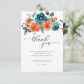 ティール(緑がかった色)燃えたオレンジ色の水色のフローラ サンキューカード (スタンド正面)