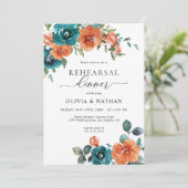 ティール（緑がかった色）燃えたオレンジ色の花のリハ素朴ーサルディナー 招待状 (スタンド正面)