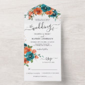 ティール（緑がかった色）燃えたオレンジ色の錆び花ウェディング素朴RSVP オールインワン招待状 (内側)