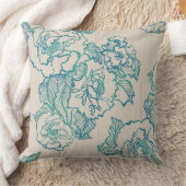 ティール(緑がかった色)牡丹オンナチュラルトープ枕 クッション (ブランケット)