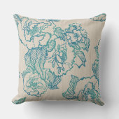 ティール(緑がかった色)牡丹オンナチュラルトープ枕 クッション (正面)