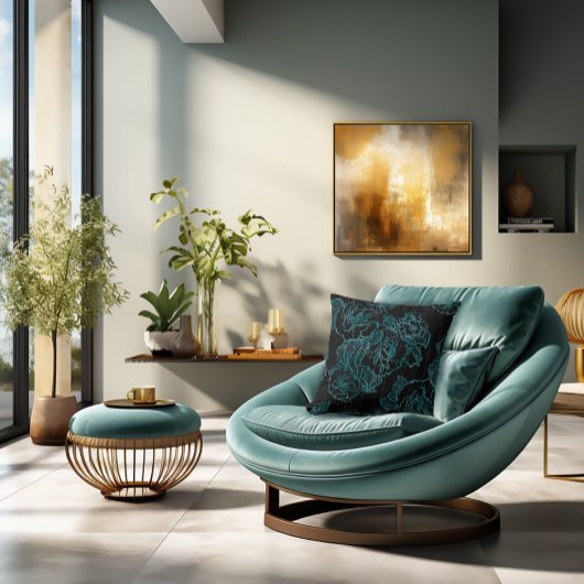 ティール(緑がかった色)牡丹オンブラックピロー クッション