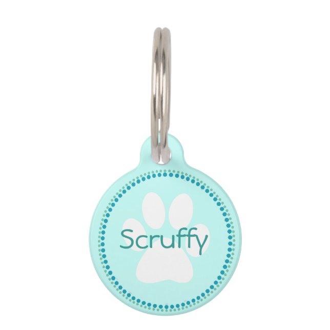 ティール（緑がかった色）犬の住所氏名の足のプリントのドッグタッグ ペット　ネームタグ (正面)