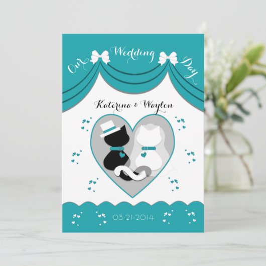 ティール（緑がかった色）猫エレガントカップ結婚ル招待状 招待状 (スタンド正面)