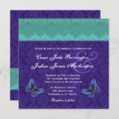 ティール(緑がかった色)王室のパープルバタフラ結婚イモノグラムV15C 招待状 (正面/裏面)