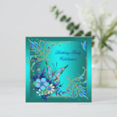 ティール（緑がかった色）王室のブルーバタフライバースデーパーティー 招待状 (スタンド正面)