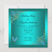 ティール（緑がかった色）王室のブルーバタフライバースデーパーティー 招待状 (裏面)