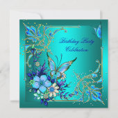 ティール（緑がかった色）王室のブルーバタフライバースデーパーティー 招待状 (正面)