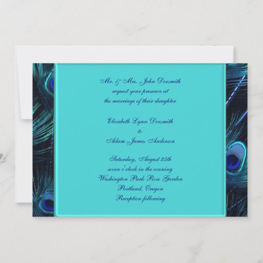 ティール（緑がかった色）王室のブルーピーコック結婚式招待状 招待状 (裏面)
