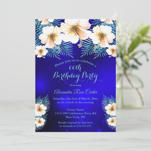 ティール（緑がかった色）王室のブルー熱帯フローラ誕生会 招待状 (スタンド正面)