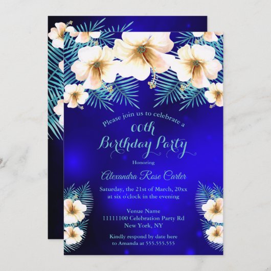 ティール（緑がかった色）王室のブルー熱帯フローラ誕生会 招待状 (正面/裏面)
