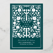 ティール（緑がかった色）王室の中世の剣の結婚式の日付を保存 箔招待状 (正面)