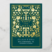 ティール（緑がかった色）王室の中世の剣の結婚式の日付を保存 箔招待状 (正面)
