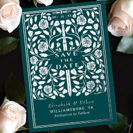 ティール（緑がかった色）王室の中世の剣の結婚式の日付を保存 箔招待状