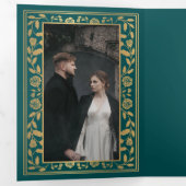 ティール（緑がかった色）王室の中世結婚刀のQRコード 三つ折り招待状 (内部最初)