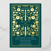 ティール（緑がかった色）王室の中世結婚剣 箔招待状 (正面)