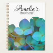 ティール(緑がかった色)用の青黄色ピンクのアジサイの花 プランナー手帳 (正面)