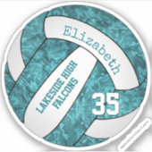 ティール(緑がかった色)白ガーリーバレーボールのチームカラー シール (正面)