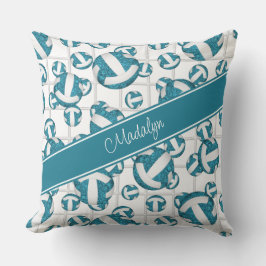 ティール（緑がかった色）白ガーリーバレーボール模様ネットアクセント クッション