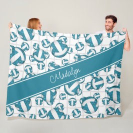 ティール（緑がかった色）白ガーリーバレーボール模様ネットアクセント フリースブランケット