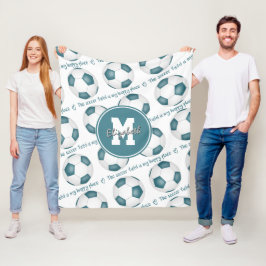 ティール（緑がかった色）白サッカー場は私の幸せな場所だ フリースブランケット