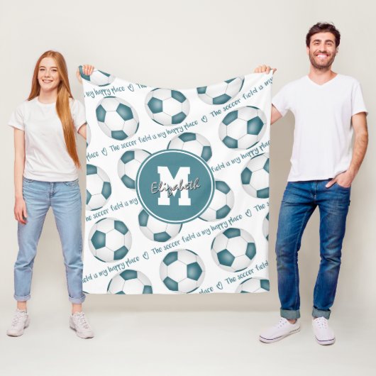 ティール（緑がかった色）白サッカー場は私の幸せな場所だ フリースブランケット (インサイチュ)