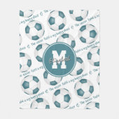 ティール（緑がかった色）白サッカー場は私の幸せな場所だ フリースブランケット (正面)