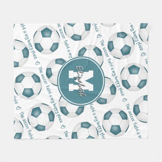 ティール(緑がかった色)白サッカー場は私の幸せな場所だ フリースブランケット (正面(横))