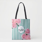 ティール（緑がかった色）白ストライプピンク花模様モノグラム トートバッグ (正面)