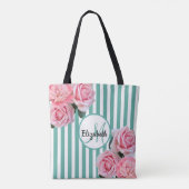 ティール（緑がかった色）白ストライプピンク花模様モノグラム トートバッグ (裏面)