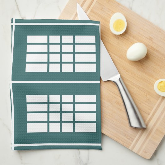 ティール（緑がかった色）白ストライプ色パターン キッチンタオル (四つ折り)