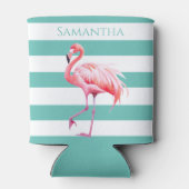 ティール(緑がかった色)白ストライプ色フラミンゴの名パーソナライズされた前 缶クーラー (裏面)