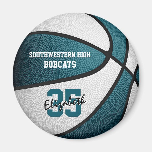 ティール（緑がかった色）白チームカラーバスケットボールスポーツギフト マグネット (正面)