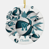 ティール（緑がかった色）白バスケットボールのパンク女の子スポーツ セラミックオーナメント (正面)