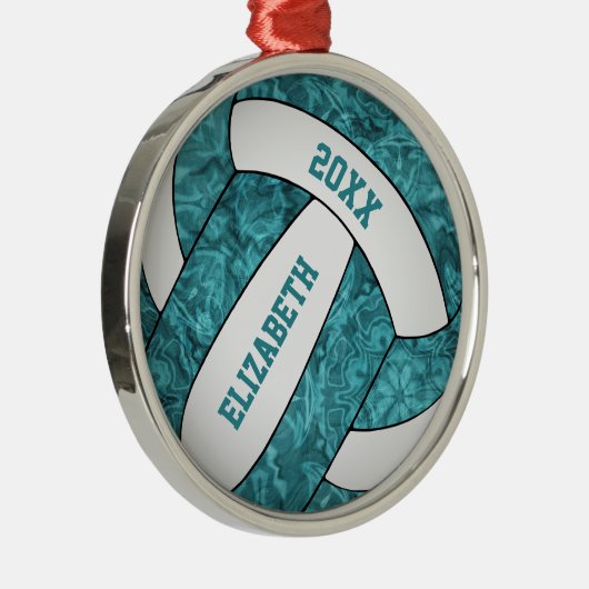 ティール(緑がかった色)白バレーボールガーリースポーティ メタルオーナメント (右)