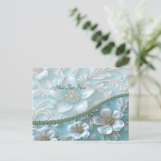 ティール(緑がかった色)白フローラはがき ポストカード (スタンド正面)