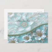 ティール（緑がかった色）白フローラはがき ポストカード (正面/裏面)