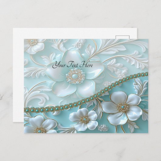 ティール（緑がかった色）白フローラはがき ポストカード (正面/裏面)