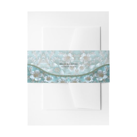 ティール（緑がかった色）白フローラ 招待状ベリーバンド (正面例)