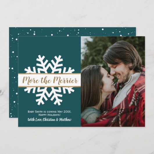 ティール（緑がかった色）白人写真クリスマス妊娠の発表 案内状 (正面/裏面)