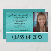 ティール(緑がかった色)白写真卒業パーティー 招待状 (正面/裏面)