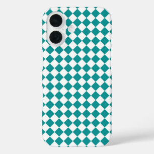 ティール(緑がかった色)白市松模様にダイヤンパターン iPhone 16ケース