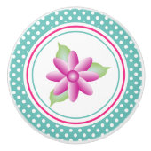 ティール（緑がかった色）(白水玉模様とピンクフローラ) セラミックノブ (正面)