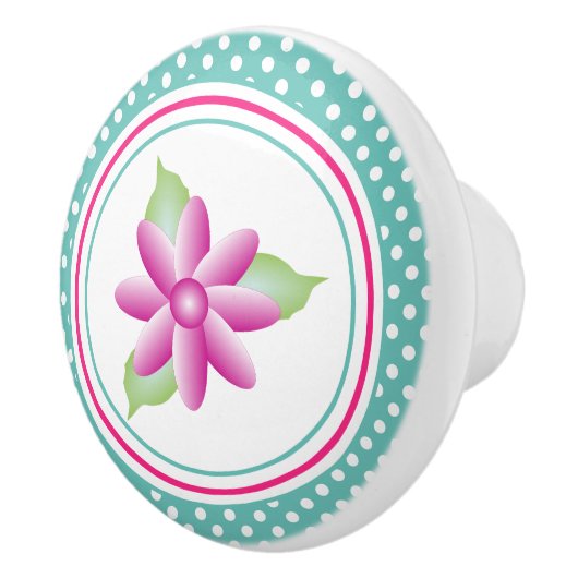 ティール（緑がかった色）(白水玉模様とピンクフローラ) セラミックノブ (右)