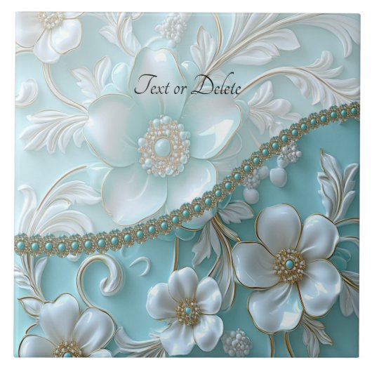 ティール（緑がかった色）白色フローラセラミックタイル タイル (正面)