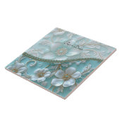 ティール（緑がかった色）白色フローラセラミックタイル タイル (側面)