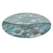 ティール（緑がかった色）白色フローラ切断板 カッティングボード (角)