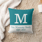 ティール(緑がかった色)白色ブロック可逆ファミリーモノグラム クッション (ブランケット)