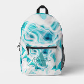 ティール(緑がかった色)白色液体スワール抽象芸術モノグラム名 プリントバックパック (正面)